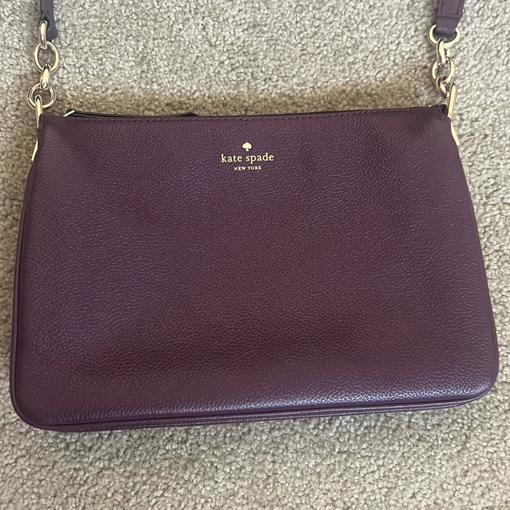 Like New Kate Spade deep plum pebbled leather crossbody purse with gold hardware